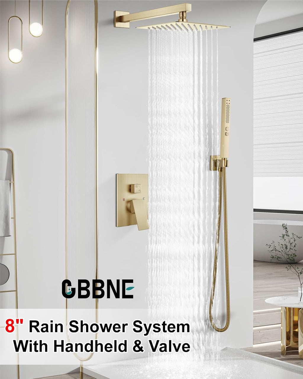 Shower Faucet Set Rainfall Shower System with Square Showerhead and Handle Set Fixture with 2 in 1 Function Handheld Sprayer Wall Mounted Trim Repair Kit Rough-in Valve 8 Inch Brushed Gold
