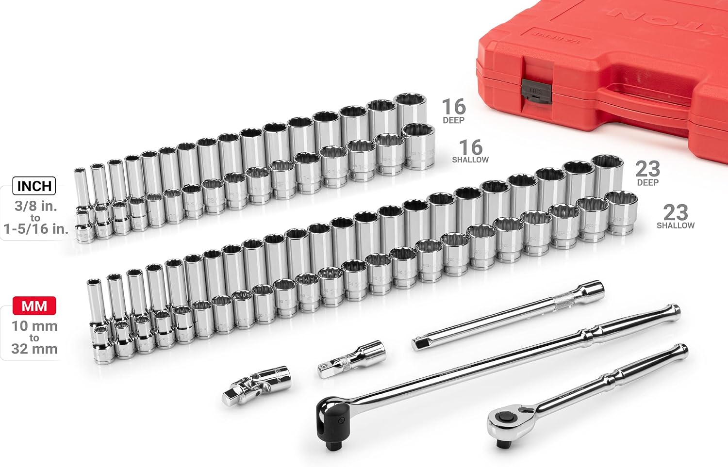 TEKTON 1/2 Inch Drive Shallow and Deep 12-Point Socket and Ratchet Set with Case, 83-Piece (3/8-1-5/16 in., 10-32 mm) | SKT25316