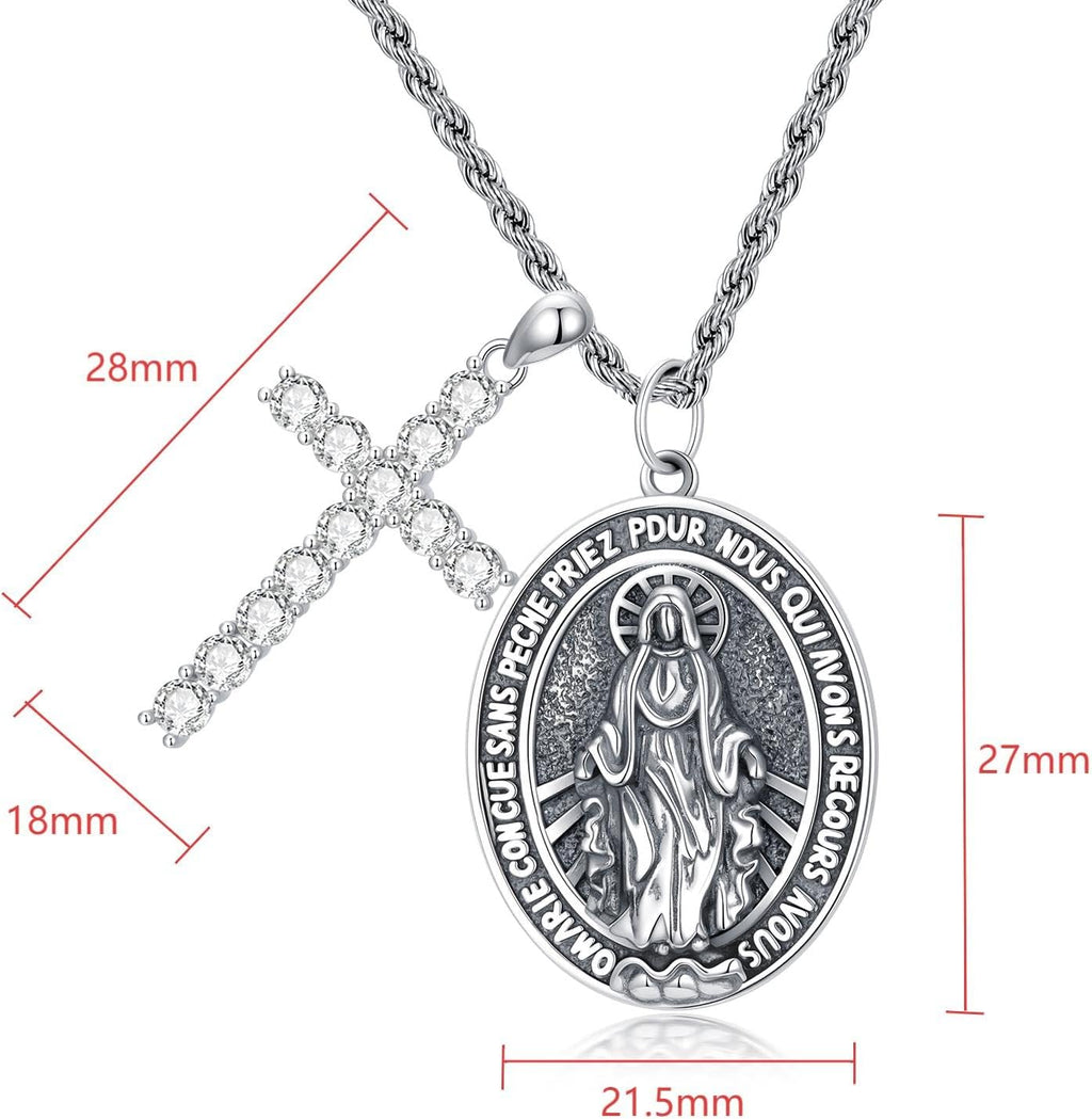 Real Sterling Silver Religious Necklace for Women, s925 Silver Cross Necklace Christian Religion Jewelry for Confirmation Baptism Ladies Mom, 18+2'
