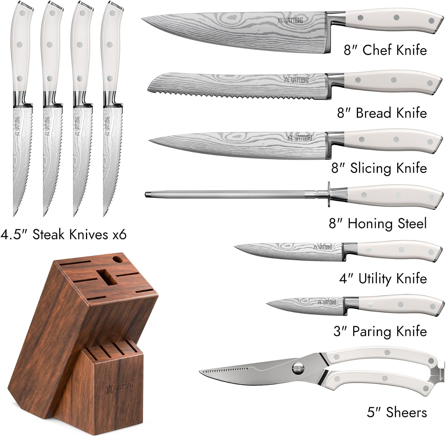 Yatoshi 12 Piece White Knife Block Set - Pro Kitchen Knife Set Ultra Sharp High Carbon Stainless Steel with Ergonomic Handle