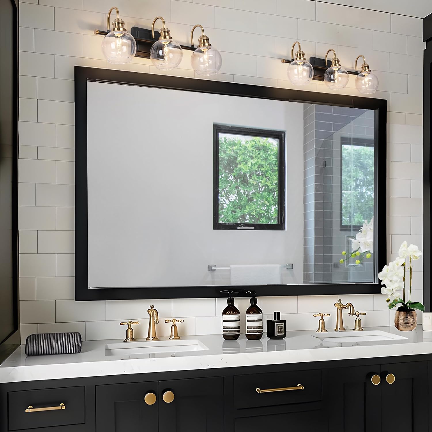 KSANA Black Gold Vanity Light, Modern 3-Light Bathroom Light Fixture with Clear Glass Globes, Electroplating Brass 22'L Vanity Lighting Over Mirror