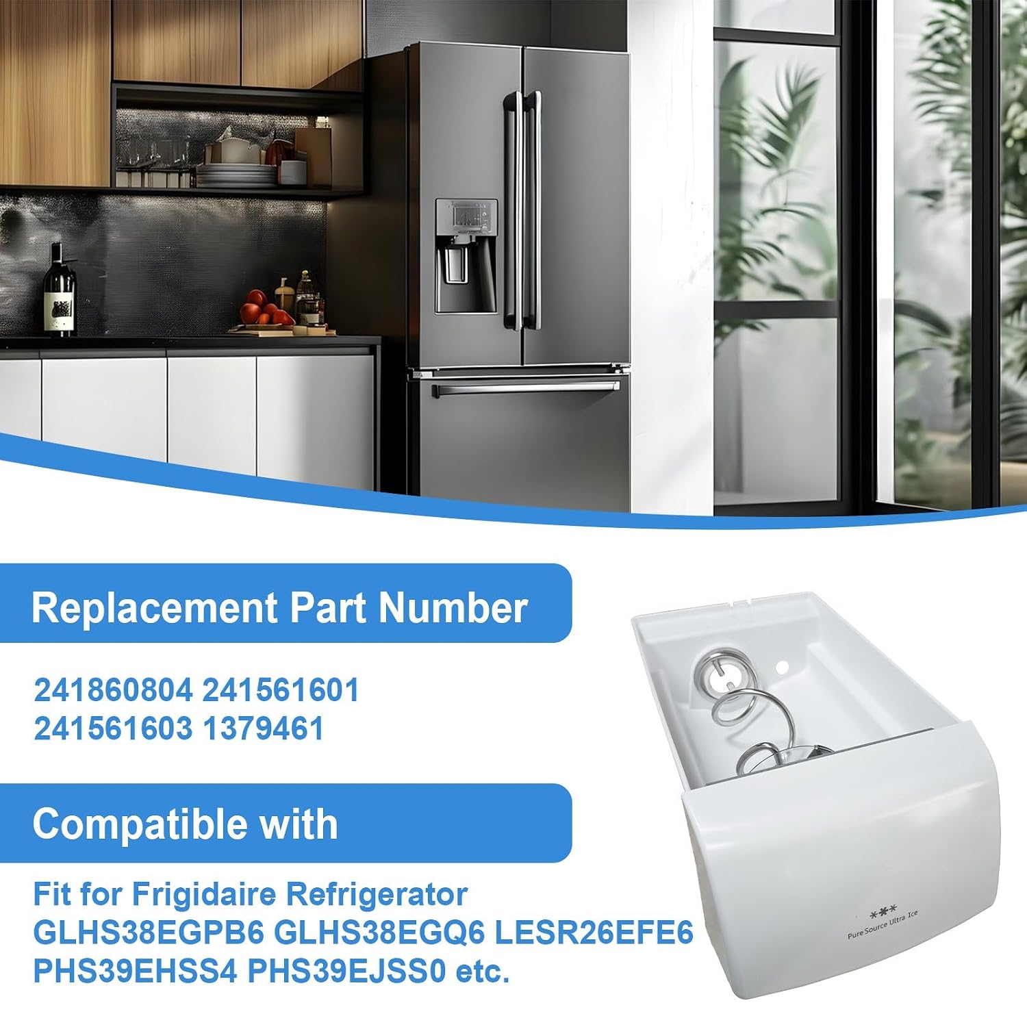 241860804 Ice Container Assembly Compatible with Frigidaire Refrigerator Ice Bucket Ice Maker Replacement Part Number 241561601, 241561603