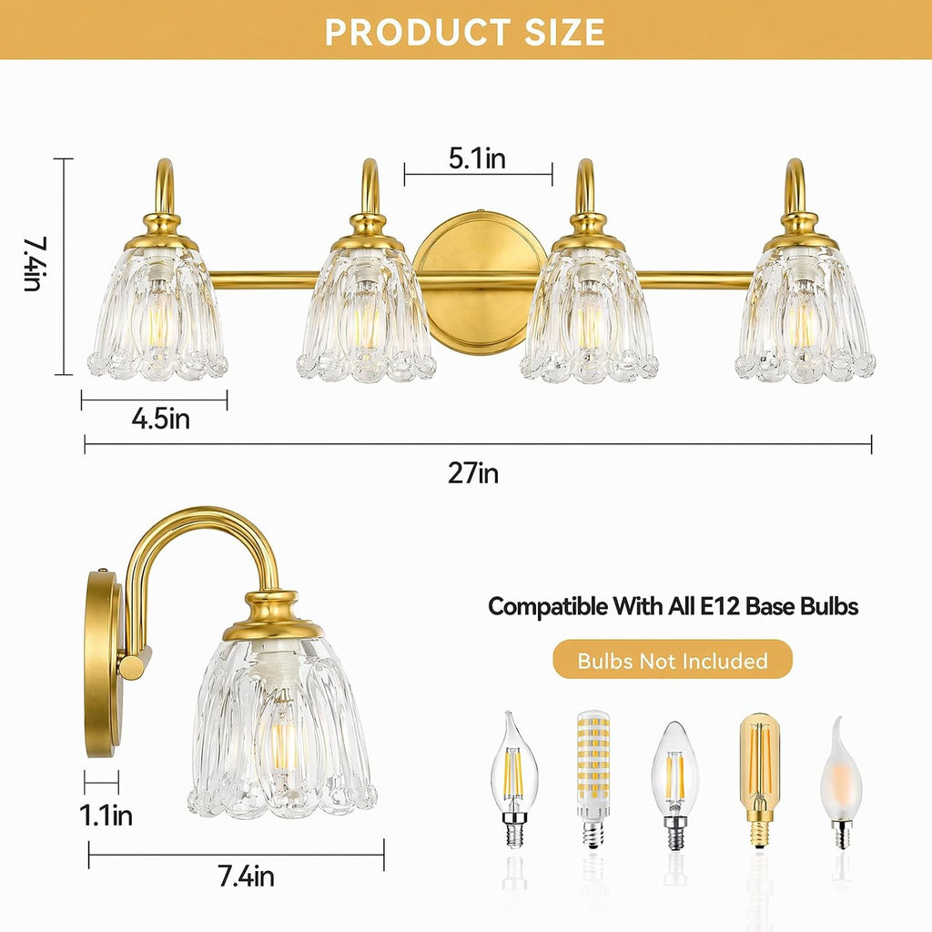 Bathroom Light Fixtures, 4 Light Brushed Gold Vanity Lights for Bathroom with Clear Tulip Crystal Glass Shade, 27 in Vintage Bathroom Vanity Lights Over Mirror for Bedroom, Living Room, Hallway