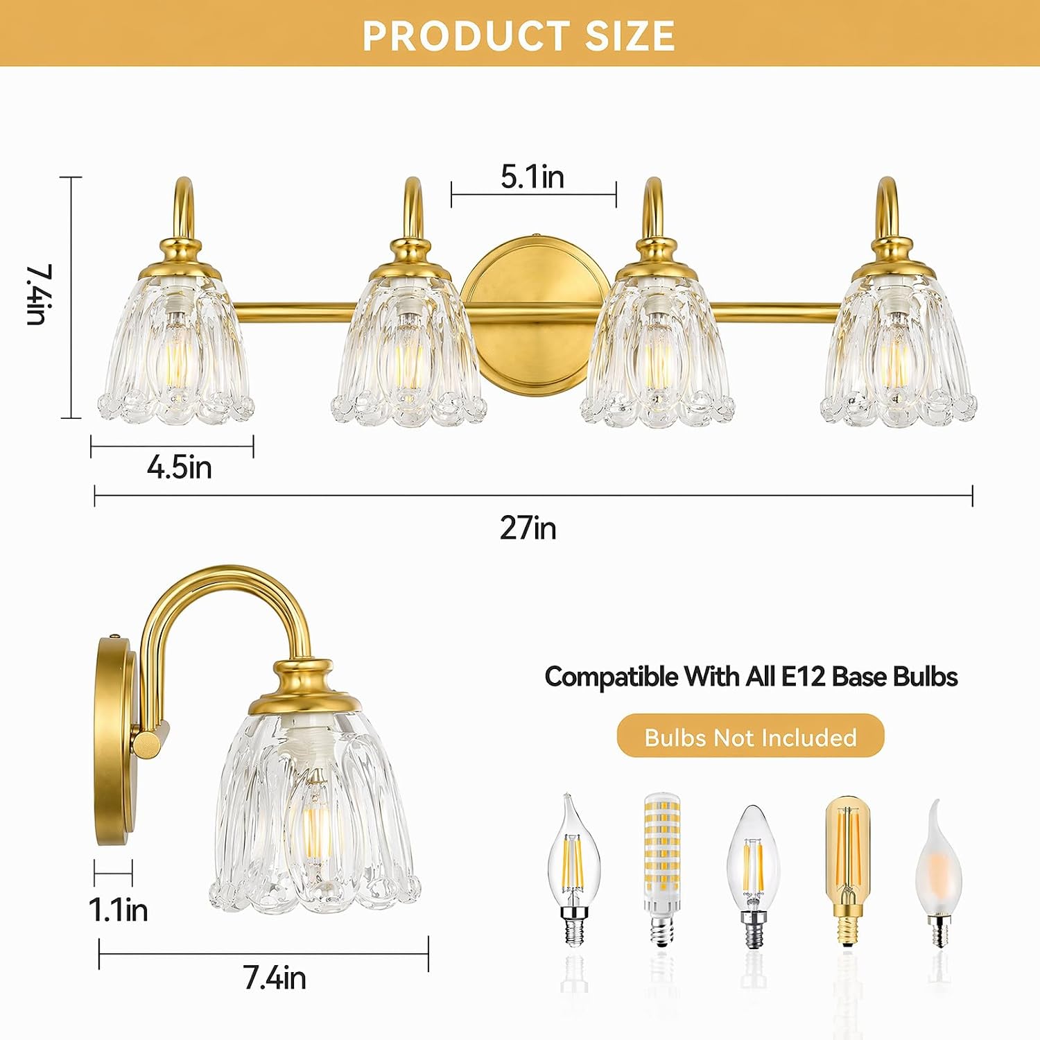 Bathroom Light Fixtures, 4 Light Brushed Gold Vanity Lights for Bathroom with Clear Tulip Crystal Glass Shade, 27 in Vintage Bathroom Vanity Lights Over Mirror for Bedroom, Living Room, Hallway