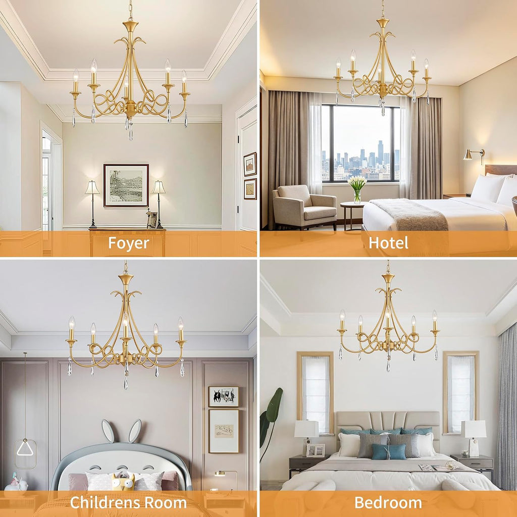 5-Light Farmhouse Chandeliers for Dining Room Lighting Fixtures Hanging, Rustic Gold Candle Modern Chandelier Vintage Hanging Ceiling Lamp for Bedroom Kitchen Island Living Room Entryway Foyer, Gold