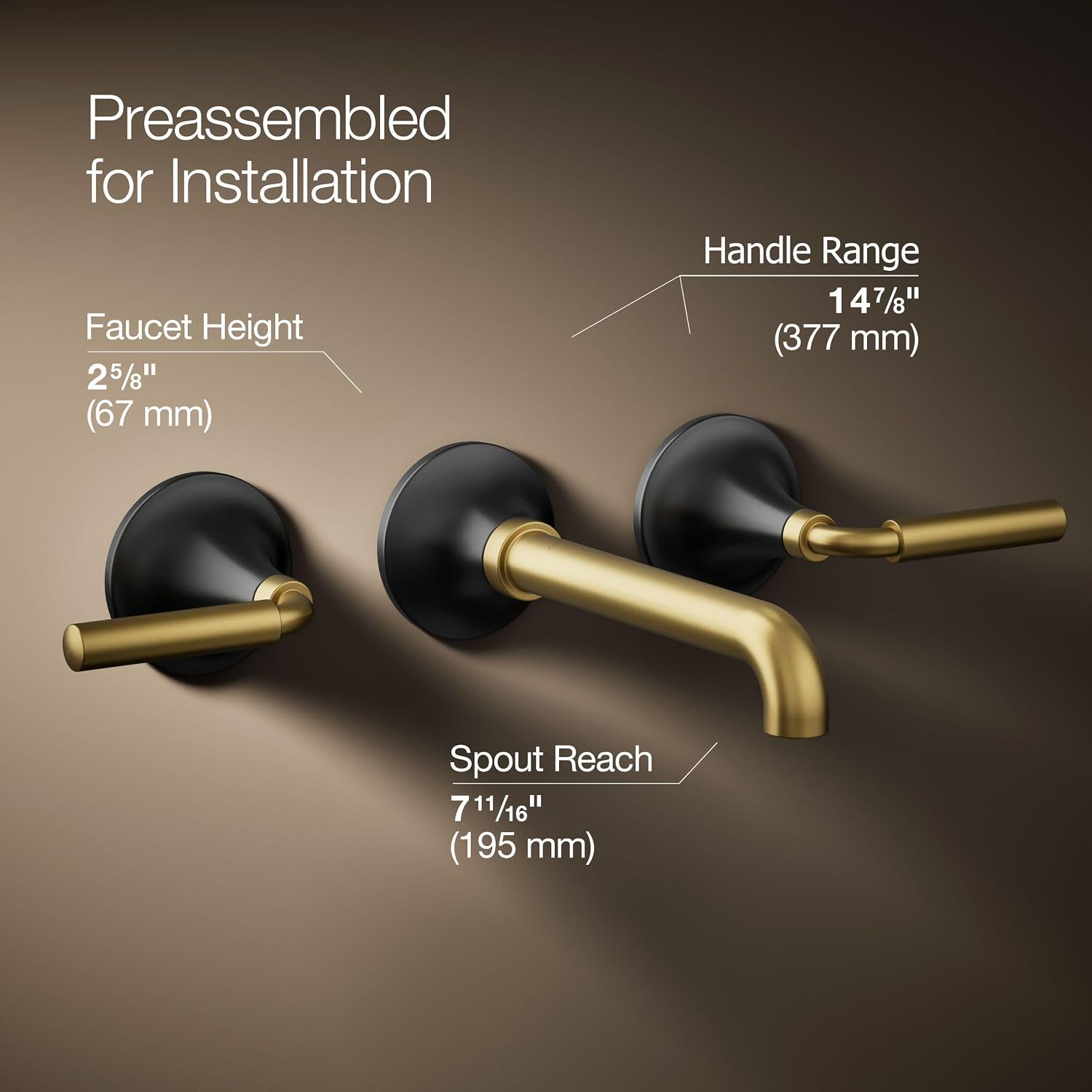Kohler T26439-4-BMB Tone Wall-Mount Bathroom Sink Faucet Set, Bathroom Faucet with Two Lever Handles, Matte Black with Moderne Brass