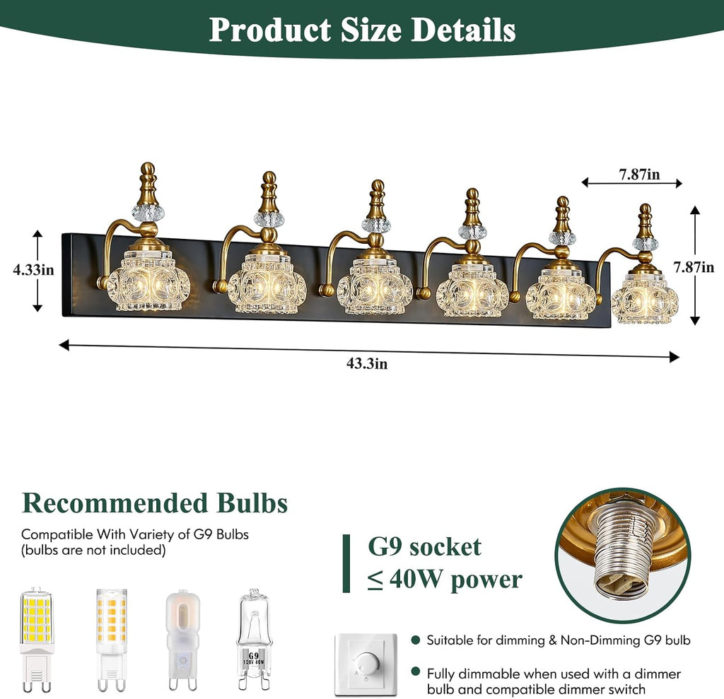 6-Light Vintage Bathroom Vanity Light Fixture Industrial Black Gold with Glass Shade Vanity Light Fixtures Over Mirror Glass Bathroom Vanity Lighting Fixtures G9 Bulb Wall Lights