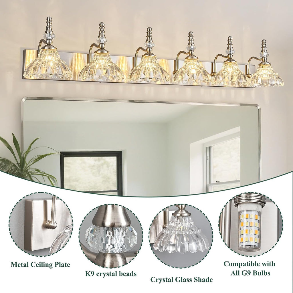 Vintage Bathroom Vanity Light, 6-Light Brushed Nickel Vanity Lighting Fixture with Flower Glass Shade, Bathroom Lighting Fixtures Over Mirror