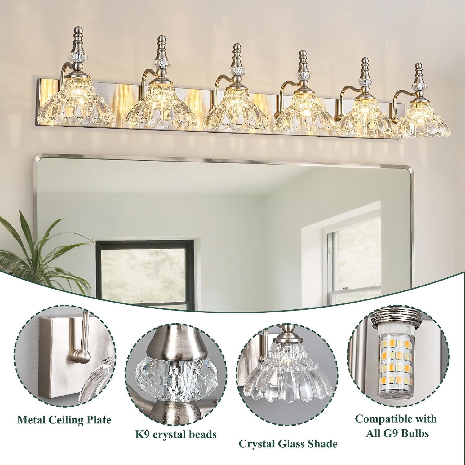 Vintage Bathroom Vanity Light, 6-Light Brushed Nickel Vanity Lighting Fixture with Flower Glass Shade, Bathroom Lighting Fixtures Over Mirror