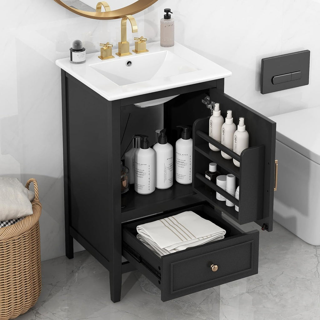 Bellemave 20-inch Bathroom Vanity with Ceramic Sink Combo Set, Solid Wood Frame Bathroom Storage Cabinet with Drawer and Soft Closing Cabinet Door with Storage Rack, Black