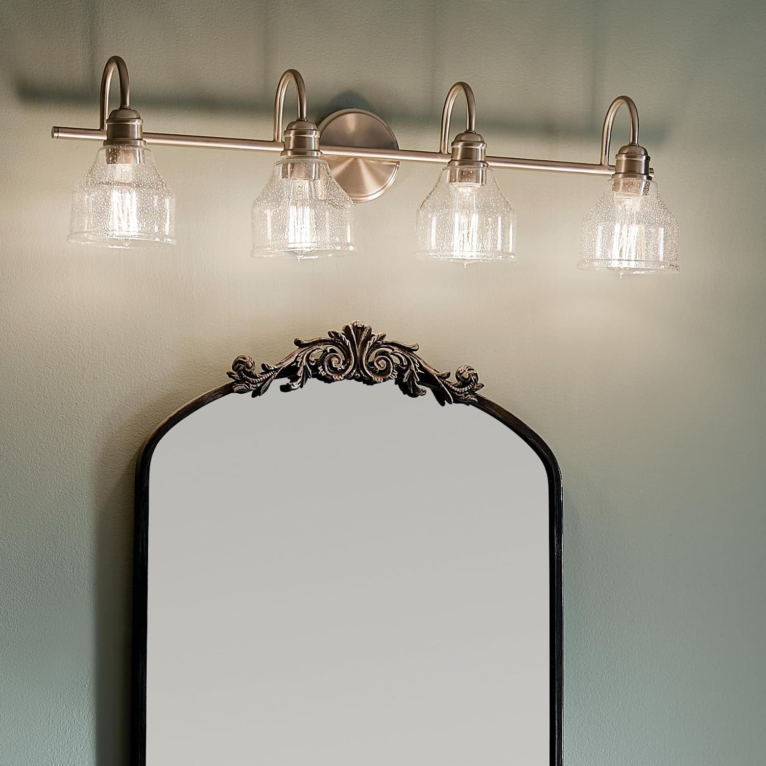 Kichler Avery 33.25' 4 Light Bathroom Vanity Light in Brushed Nickel, Vintage Bathroom Wall Mount Fixture with Clear Seeded Glass, (33.25' W x 9.25' H), 45974NI
