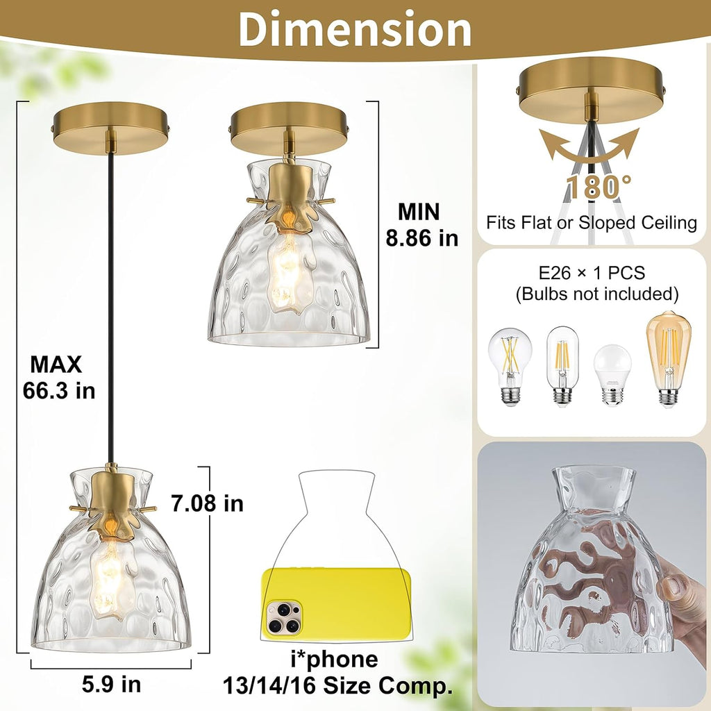 5.9' Mini Black Gold Pendant Lights Kitchen Island 2 Pack, Small Brushed Brass Hammered Glass Pendant Light Fixtures, Modern Hanging Lights Kitchen Pendant Lighting over Sink Bathroom Dining Room