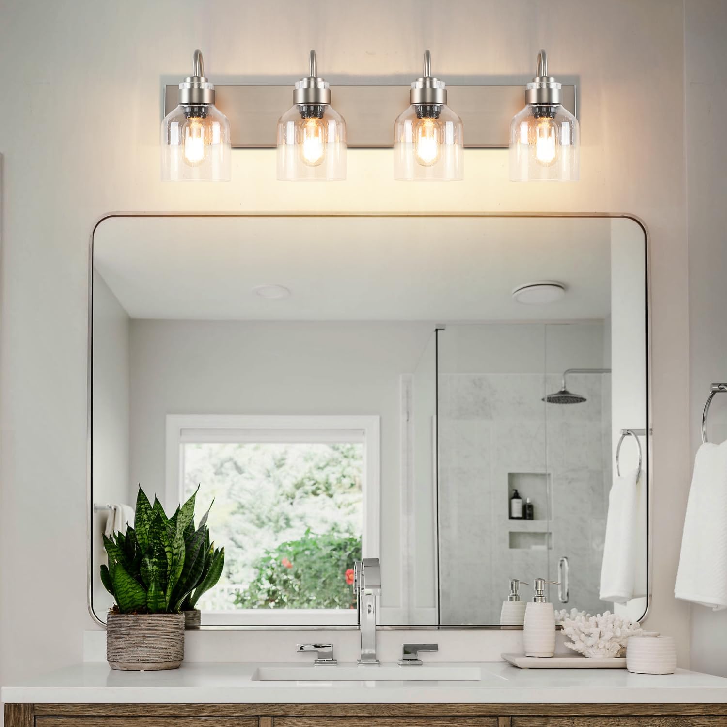 PRESDE Bathroom Light Fixtures Over Mirror Brushed Nickel 4 Light Bathroom Vanity Fixtures with Bubble Glass Globes