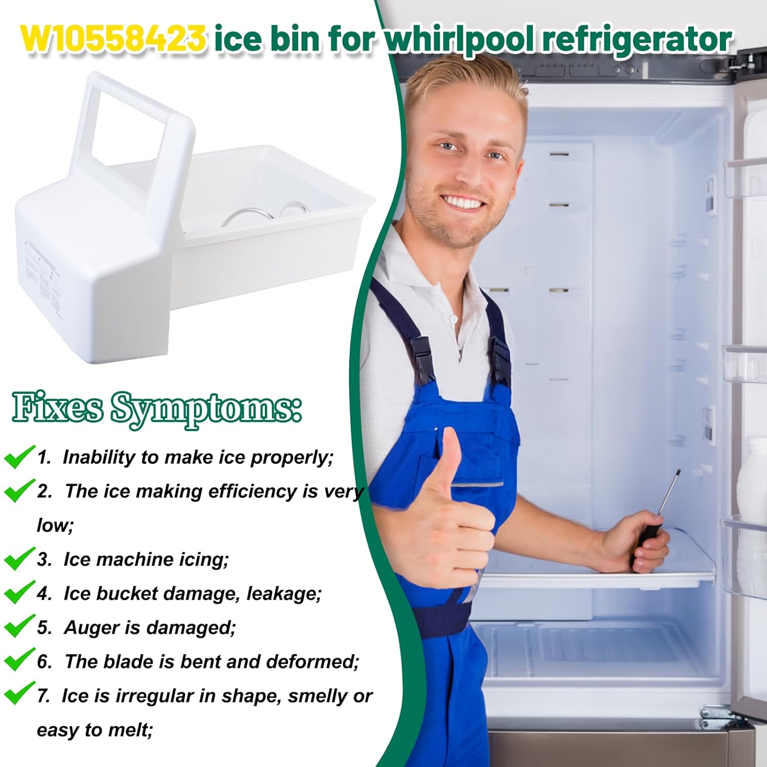 Upgraded WPW10558423 W10558423 Refrigerator Ice Bucket Replacement Compatible with Whirlpool Ice Maker Tray WRS315SDHZ, WRS325FDAM04, WRS325FDAM02, WRS315SDHM08 Parts for Whirlpool Fridge Ice Bin Tray