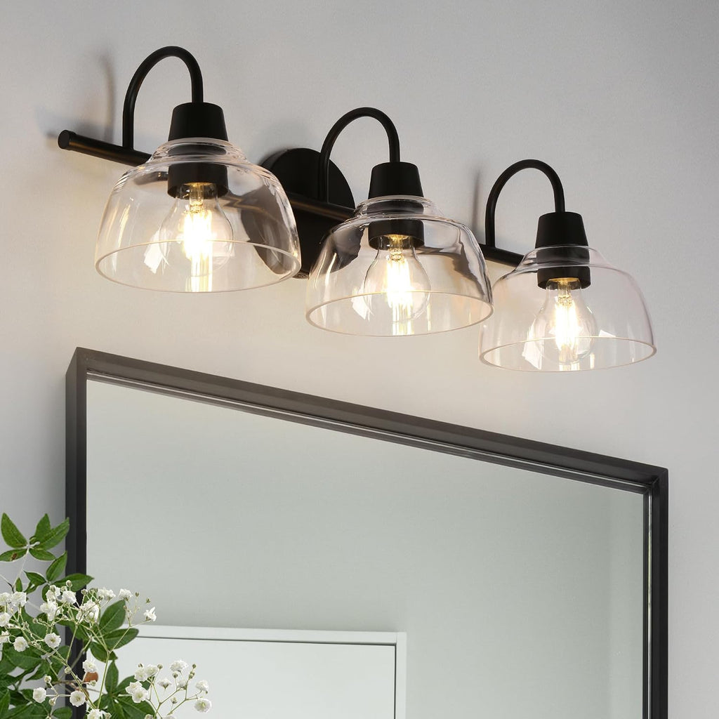 KSANA Black Bathroom Light Fixture, 3-Light Vanity Light with Large Opening Clear Glass Shade, Modern Farmhouse Wall Lamp Over Mirror