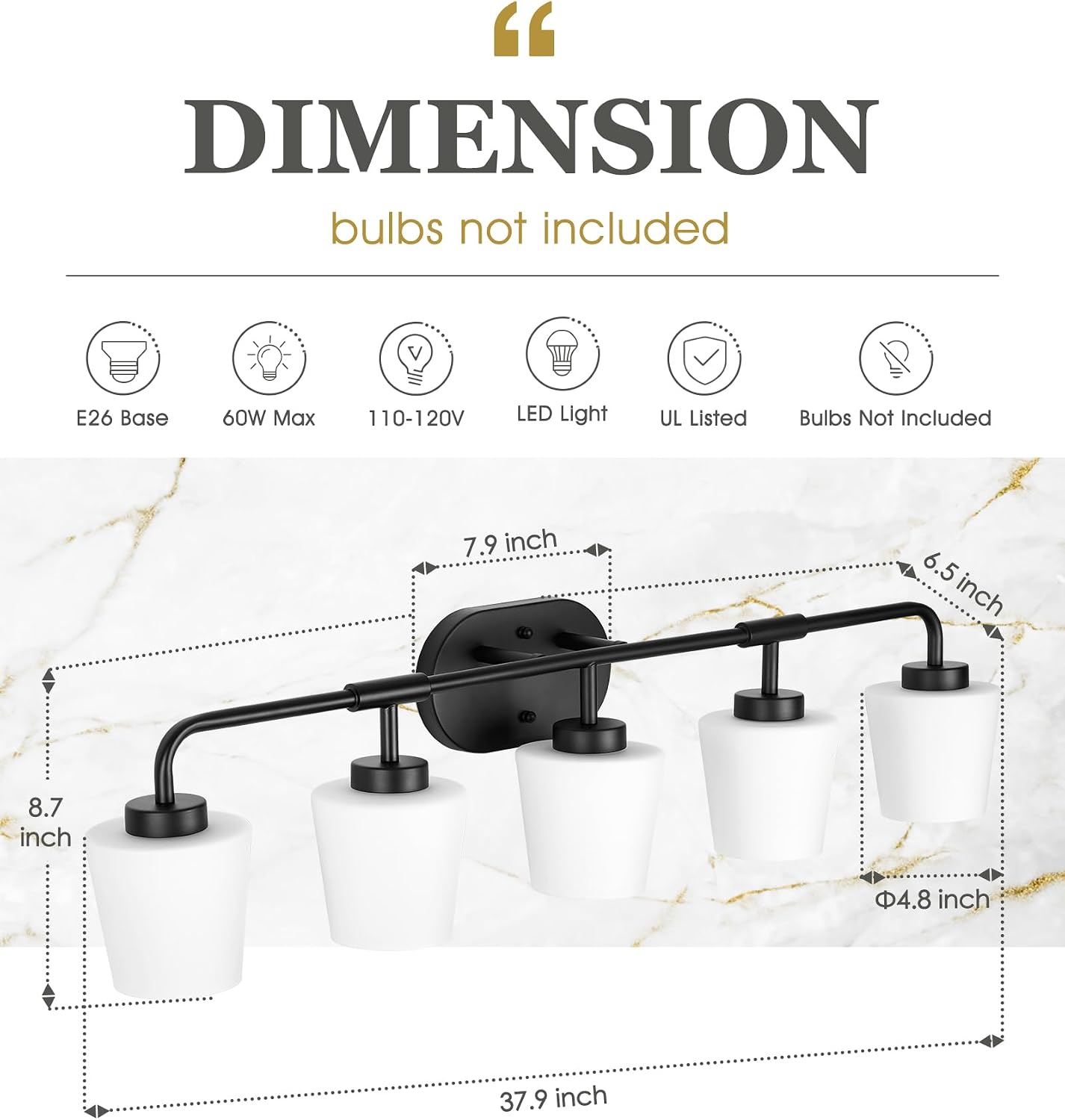 5-Light Matte Black Bathroom Light Fixtures, 38inch Vanity Light | Over Mirror, Milk White Glass, Farmhouse Wall Sconces Lighting, AD-22004-5W-BK