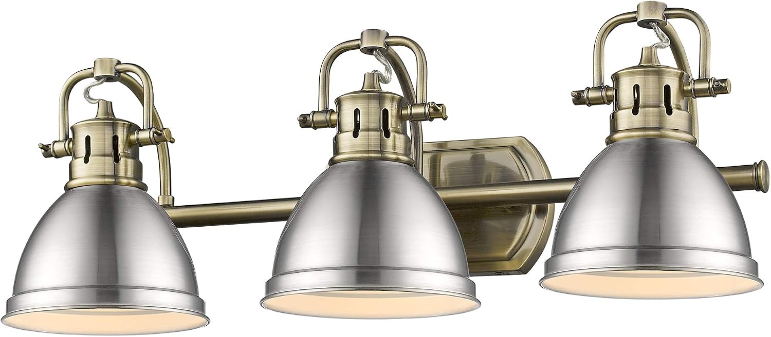 Golden Lighting 3602-BA3 AB-PW Duncan Bath Vanity, Transitional, Aged Brass with Pewter Shades