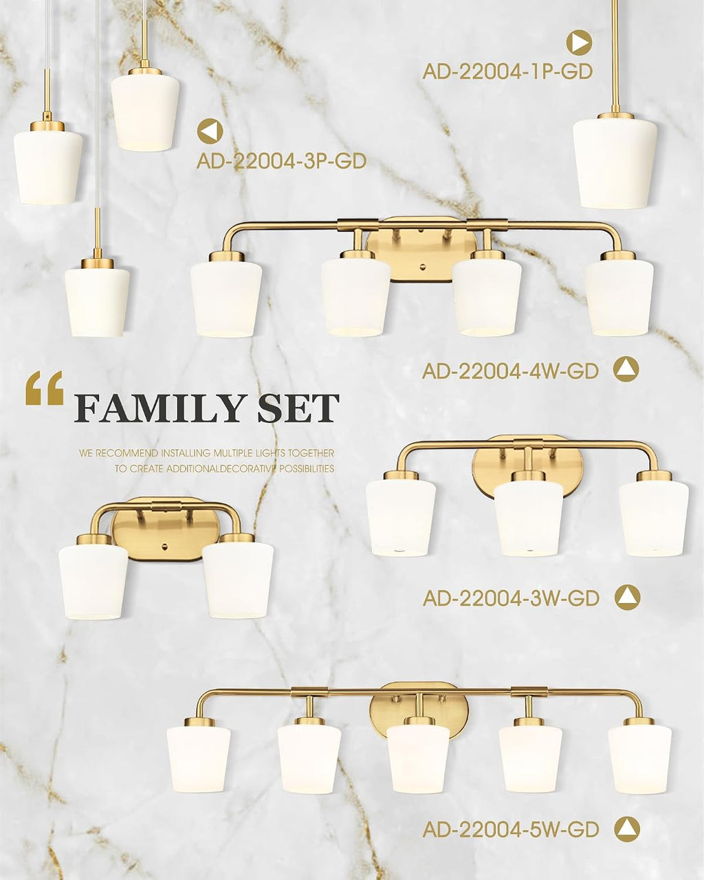 Bathroom Light Fixtures Over Mirror, 5-Light Brushed Gold Vanity Lighting Fixtures with Milk White Glass, 38inch Farmhouse Champagne Bronze Wall Sconces Lighting, AD-22004-5W-GD