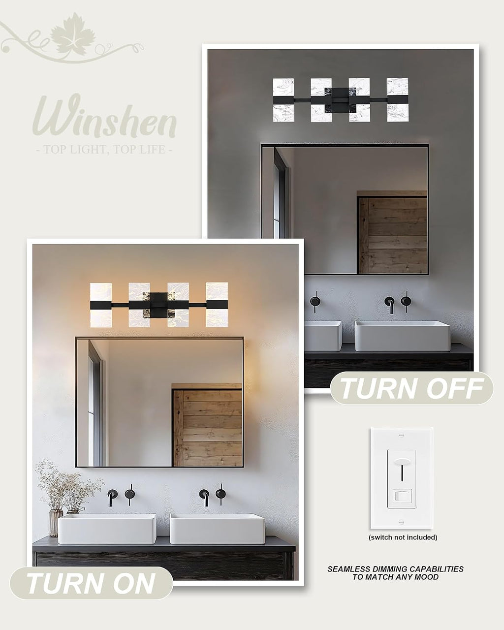 Black LED 3000K Bathroom Light Fixture, Modern 4-Lights Vanity Lighting with Smoke Acrylic Shades, Wall Lamp Over Mirror for Kitchen Bedroom Dress Table (Integrated Led Chips Included)