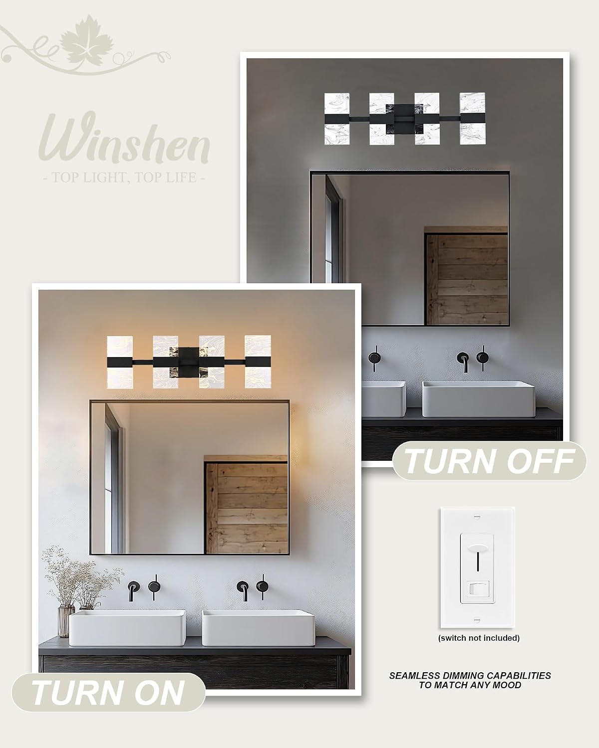 Black LED 3000K Bathroom Light Fixture, Modern 4-Lights Vanity Lighting with Smoke Acrylic Shades, Wall Lamp Over Mirror for Kitchen Bedroom Dress Table (Integrated Led Chips Included)