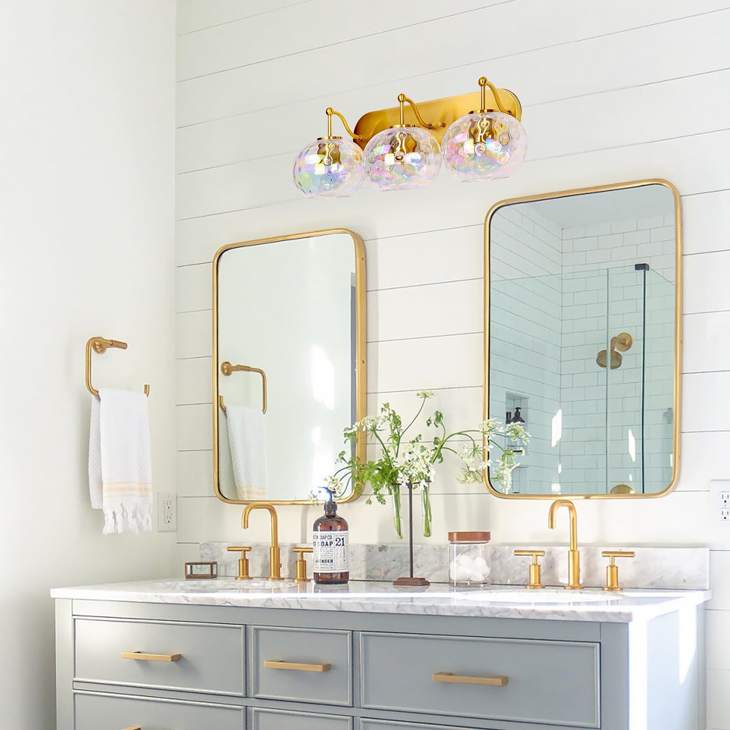 23' Brushed Gold Vanity Light Stained Hammered Glass Wall Sconce 3-Light Brass Wall Lamp for Hallway Living Room Stairwell Bathroom Over Mirror (Brass Gold, 3-Light)