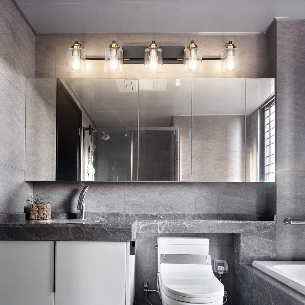 SOLFART Vintage Vanity Lights for Bathroom 5 Light Bathroom Vanity Light Black Metal with Clear Glass Brass Fixtures Wall Mount Lighting Wall Sconce