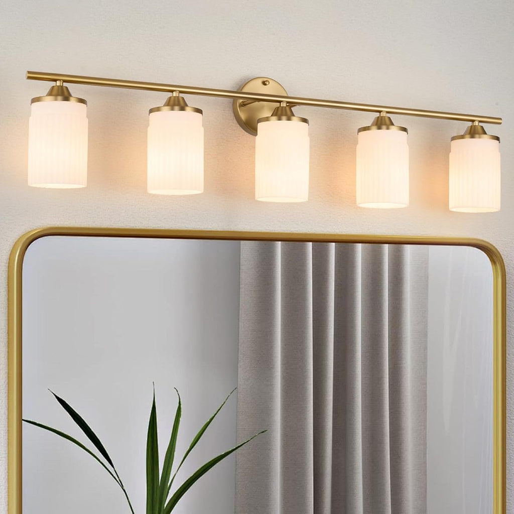 Jonsi Gold Bathroom Light Fixtures 5-Light Vanity Lights Modern Wall Sconce with Milk White Shade Brushed Brass Bathroom Light Fixture Over Mirror for Bedroom Hallway Kitchen