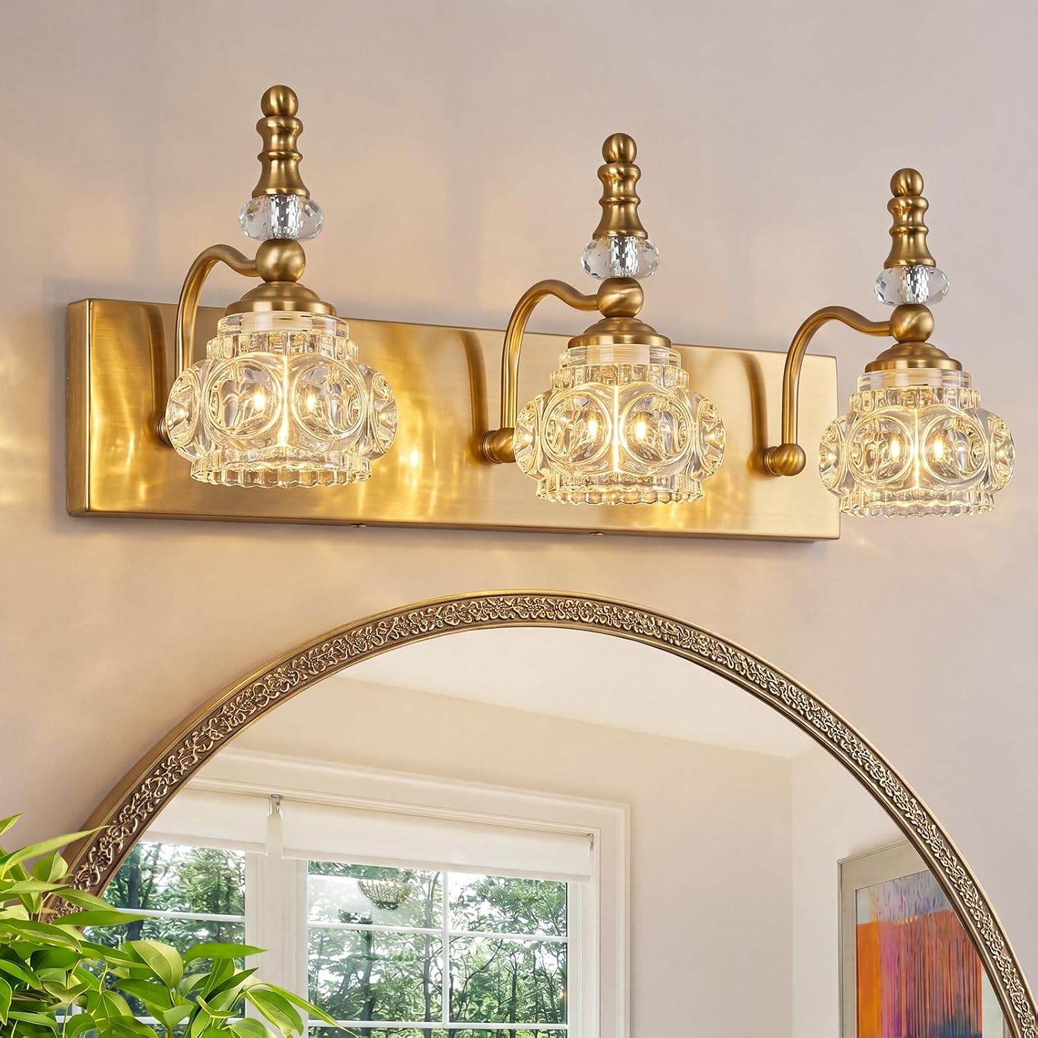 Modern Glass Crystal Vanity Light - Vintage Bathroom Lighting Fixtures Over Mirror, 3 Light Vanity Lights G9 Bulb (19.68 Inch, Gold)