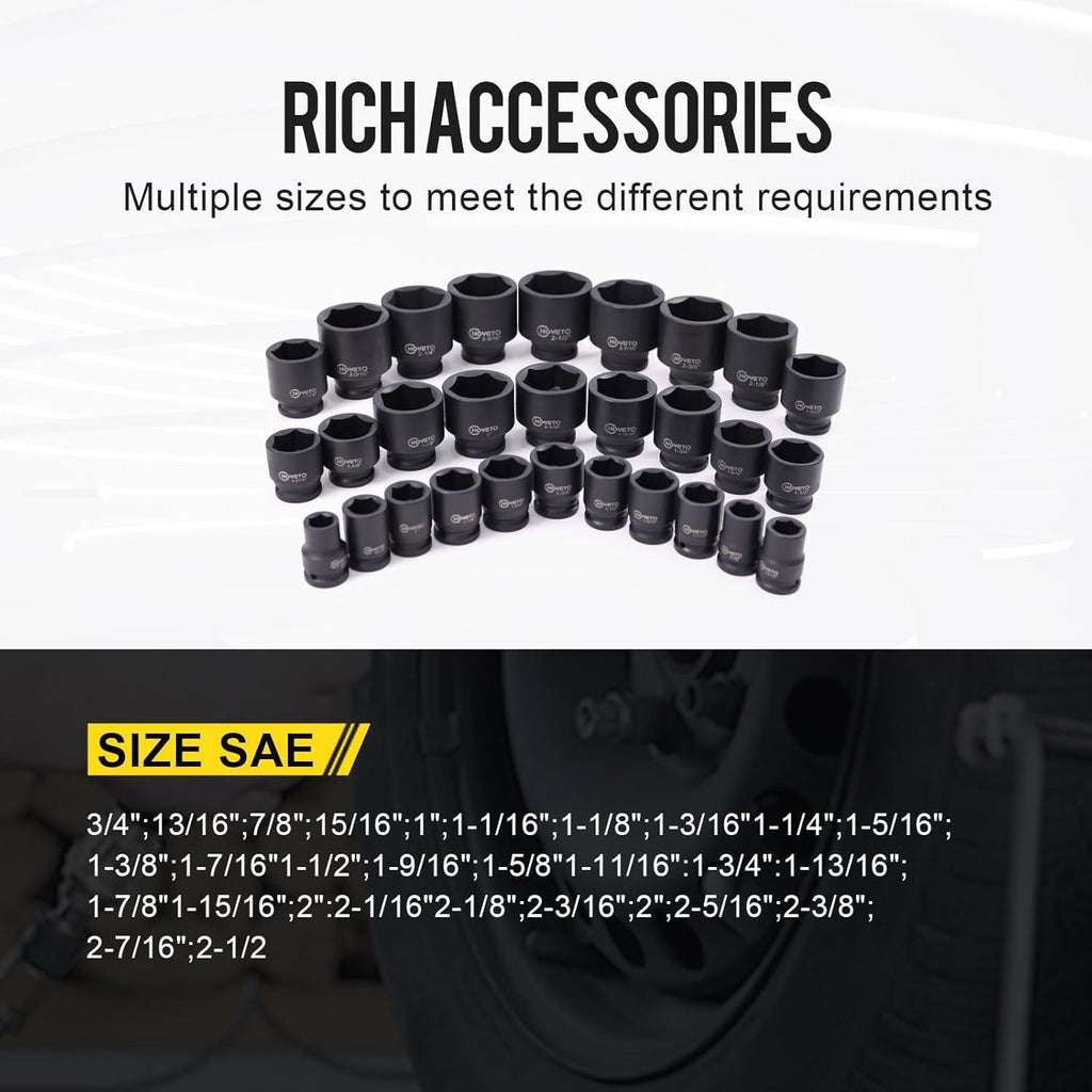 29-Piece 3/4' Drive Impact Socket Set, SAE 3/4' to 1/2', 6-Point Design, Cr-Mo, Rugged Construction, with Heavy-Duty Storage Case – Ideal for Auto Repair & Household Use