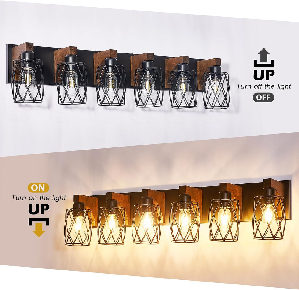 6-Light Farmhouse Vanity Light Fixtures Over Mirror, Black with Cage Metal Shade, Vintage Rustic for Bathroom, Hallway