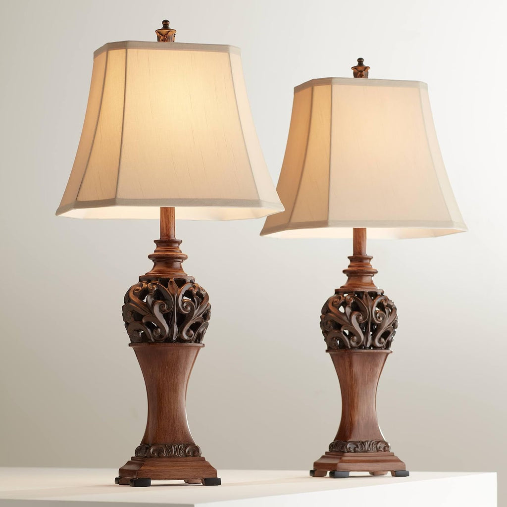 Regency Hill Exeter Traditional 3-Way Table Lamps 30' Tall Set of 2 with Table Top Dimmers Bronze Wood Carved Leaf Creme Rectangular Shade for Cottage Core Living Room Bedroom House Nightstand