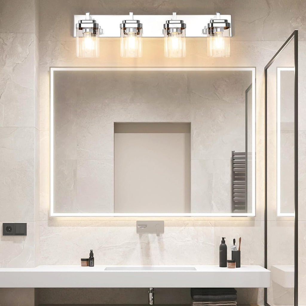 4-Light Vanity Light Fixture, Bathroom Wall Sconces, Bathroom Vanity Lighting Over Mirror | Square Clear Glass Shade | Bulbs Not Included | E26 Socket | Chrome