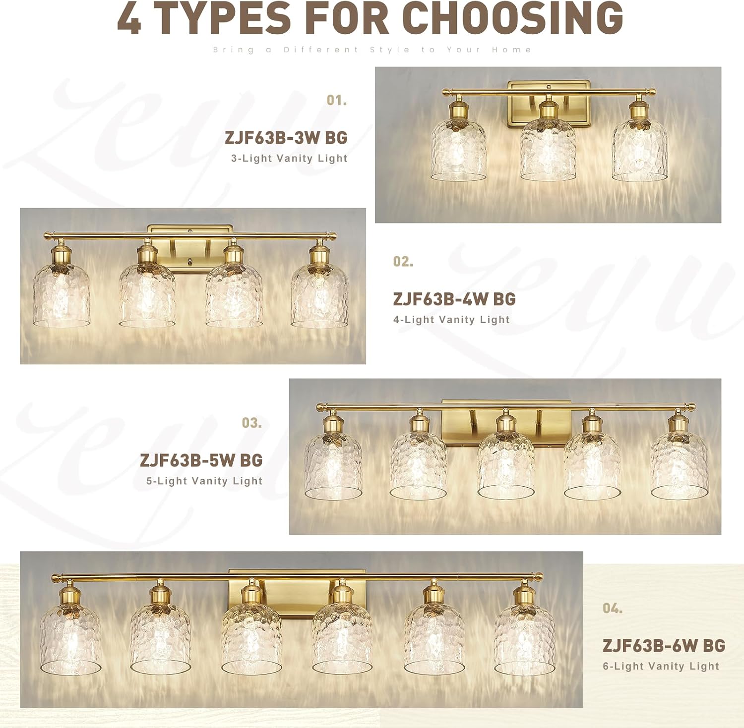 zeyu 27'' Modern Vanity Lights Over Mirror, 4-Light Brushed Gold Wall Light for Mirror Bedroom, Brushed Gold Finish with Clear Hammered Glass, ZJF63B-4W BG