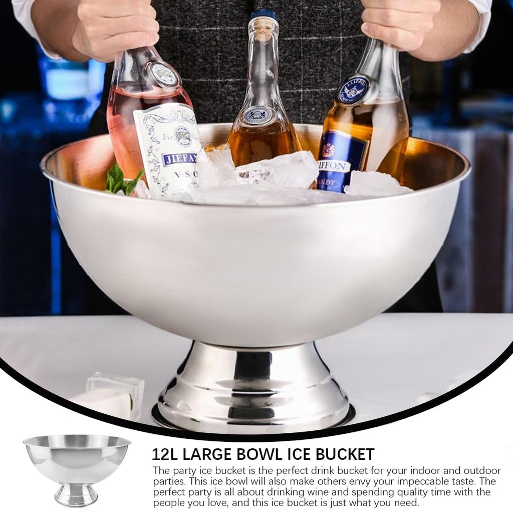 3 Gallon 12L Insulated Ice Bucket Champagne Bowl with Base Large Size Ice Bowl for Wine, Champagne or Beer Bottles Parties and Home Bar（Silver）