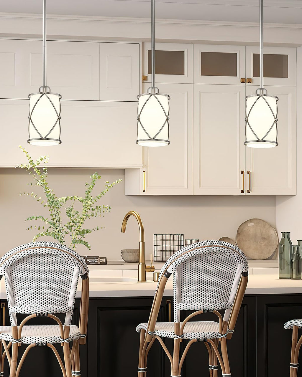Brushed Nickel Pendant Lights Kitchen Island 3 Pack, Milk Glass Kitchen Pendant Lighting Over Island with Rods, Modern Mini Hanging Light for Sink Dining Room, CH9176BNW-3PK