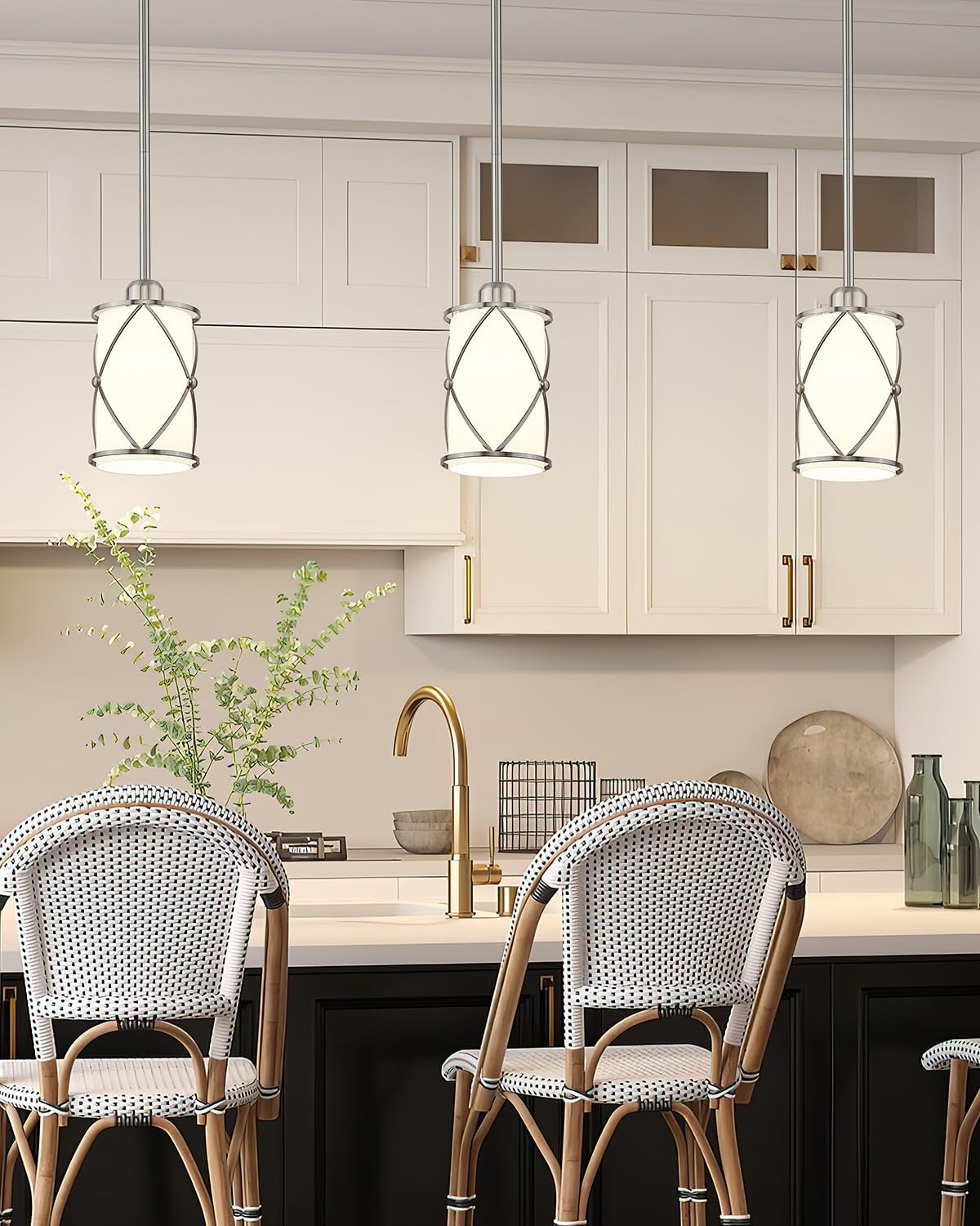 Brushed Nickel Pendant Lights Kitchen Island 3 Pack, Milk Glass Kitchen Pendant Lighting Over Island with Rods, Modern Mini Hanging Light for Sink Dining Room, CH9176BNW-3PK