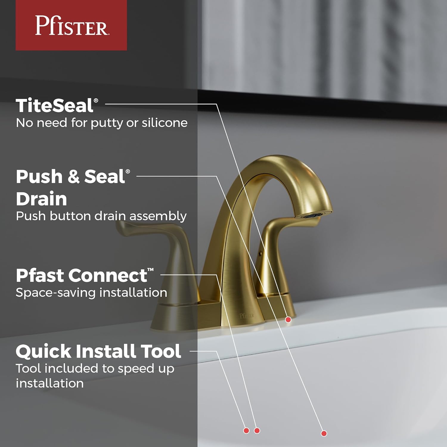 Pfister Willa Bathroom Sink Faucet 4 inch Centerset 2-Handle 3-Hole Vanity Faucet NSF Certified Brushed Gold Finish with Push & Seal Drain and TiteSeal Mounting Technology LF048MALBG