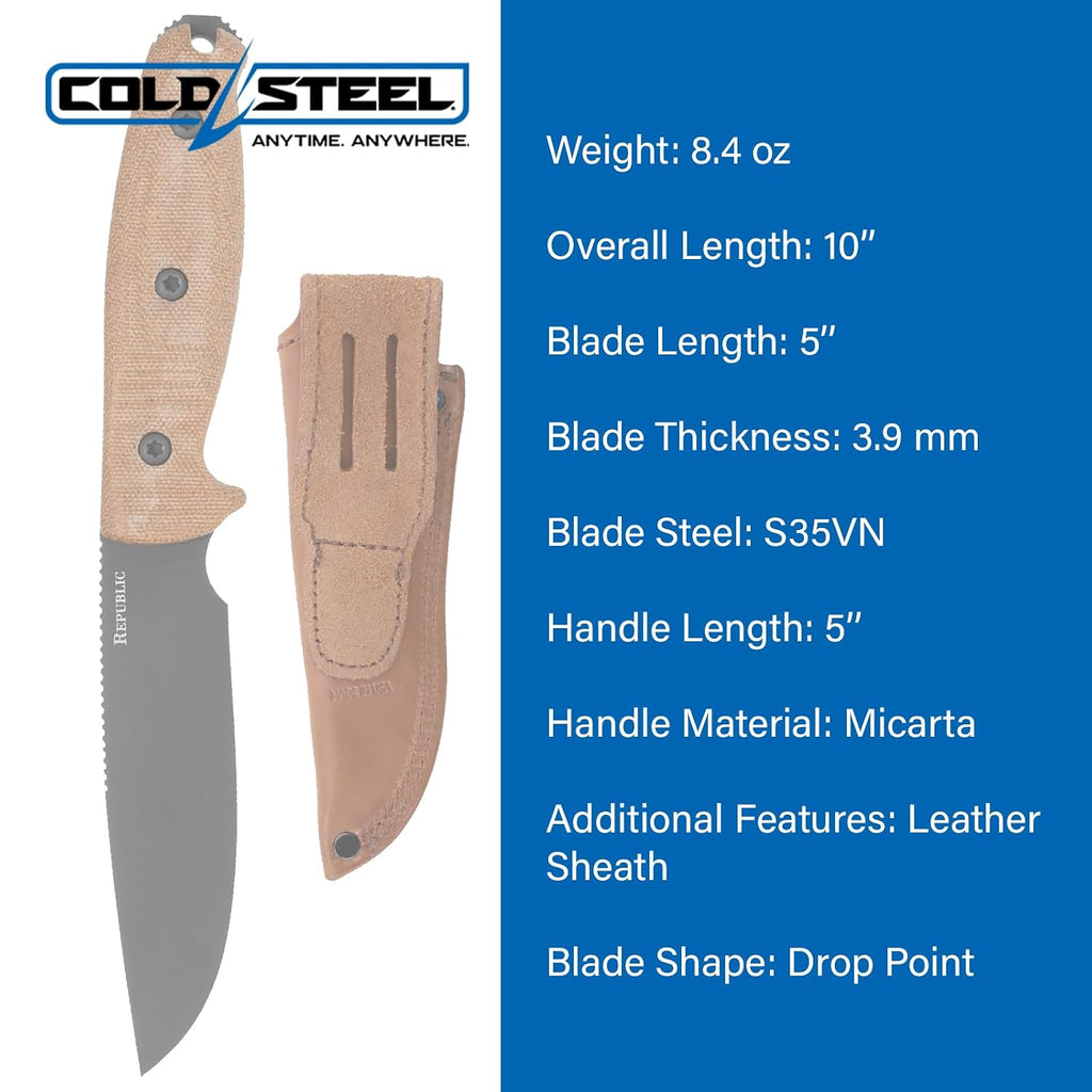 Cold Steel Republic Bushcraft 5' S35VN Drop Point Razor-Sharp Blade 5' Micarta Handle Tactical Outdoor Fixed Blade Knife w/Leather Sheath