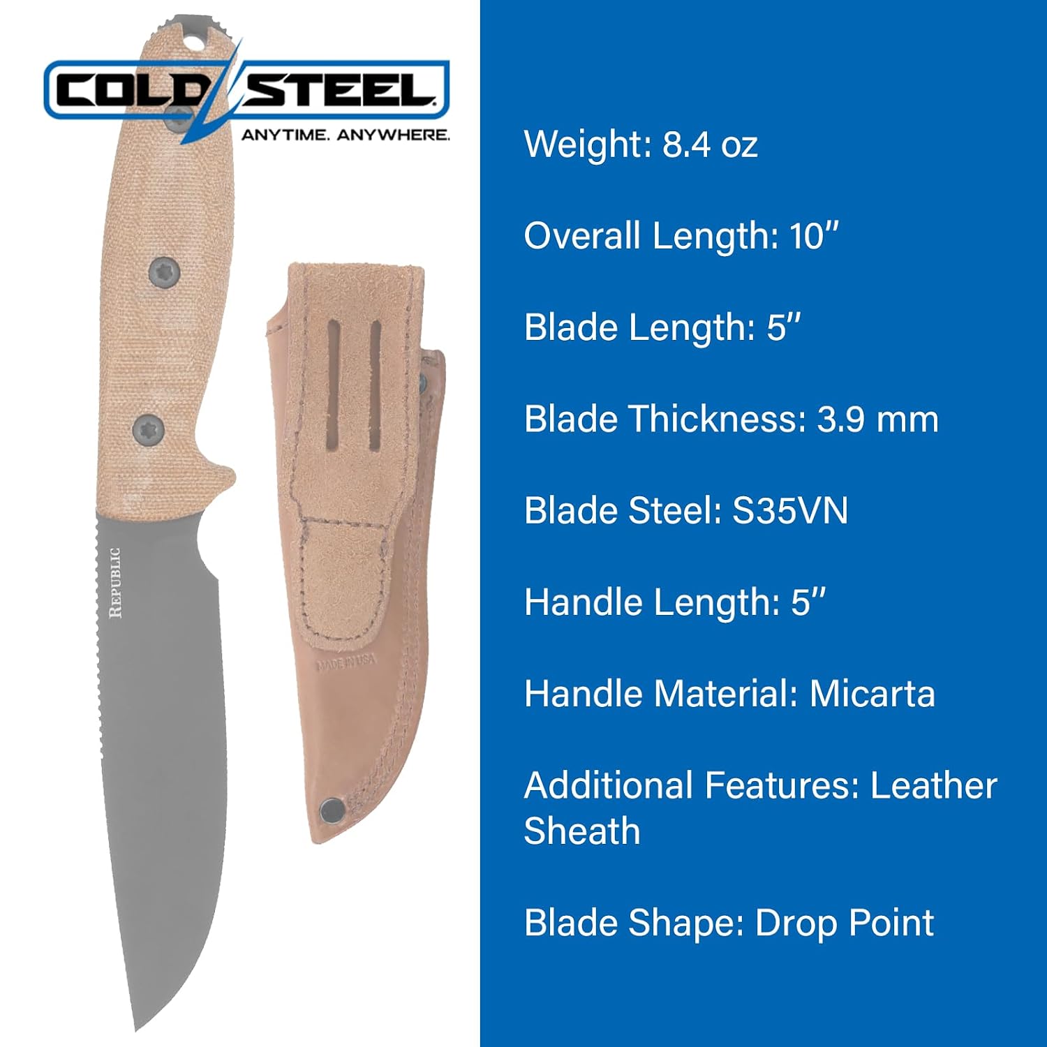 Cold Steel Republic Bushcraft 5' S35VN Drop Point Razor-Sharp Blade 5' Micarta Handle Tactical Outdoor Fixed Blade Knife w/Leather Sheath