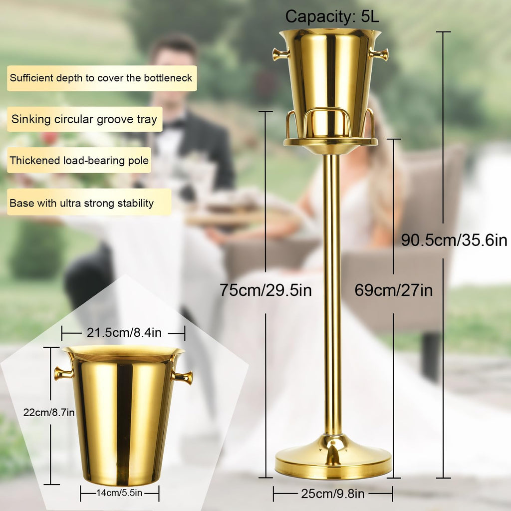 Champagne Bucket with Stand,Ice Bucket with Stand Stainless Steel Bucket Wine Chiller On Stand 12Lb Hammered Tall Ice Bucket Stand for Party Bar Ktv Bbq Home,3ft (gold, 2 packs)
