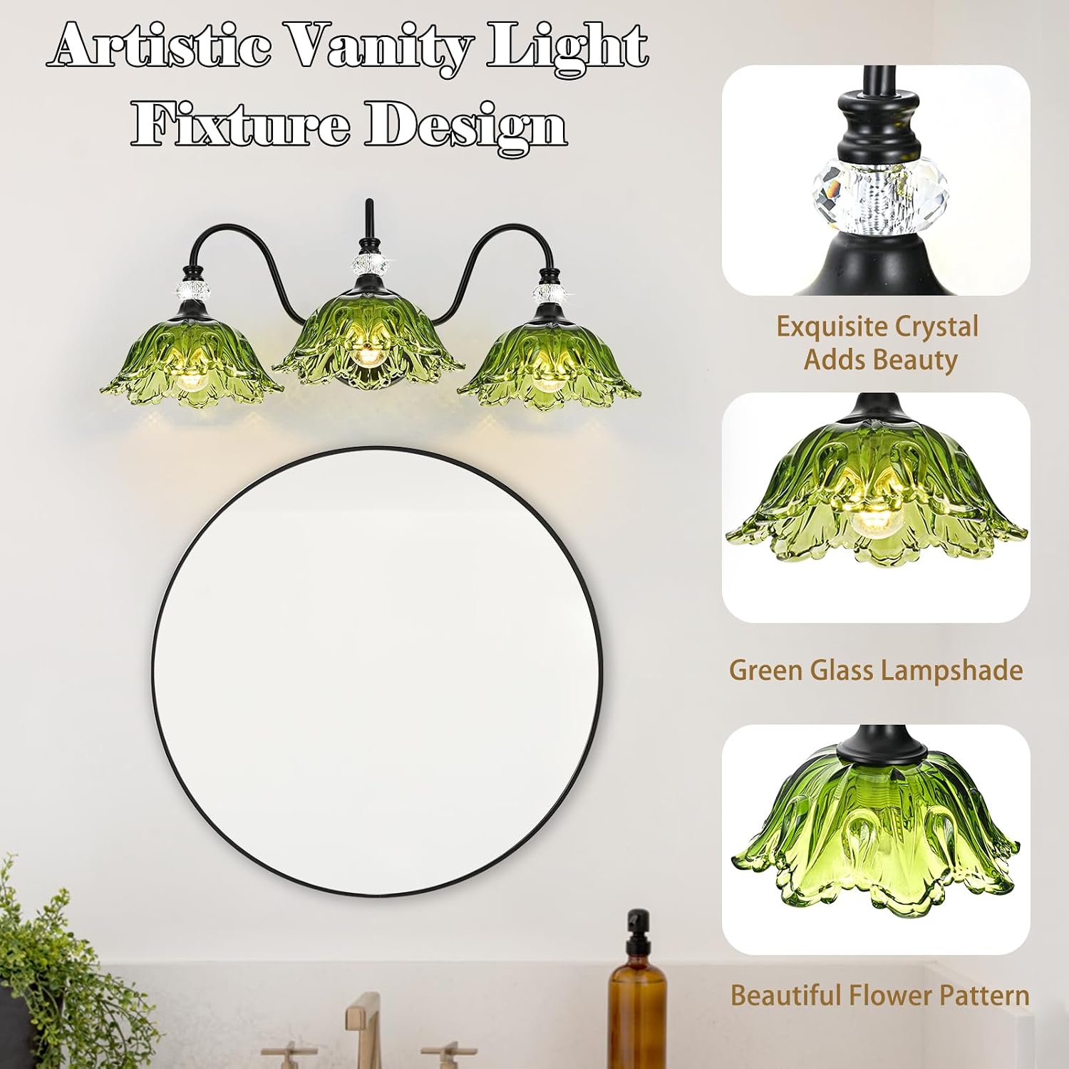 Black Bathroom Vanity Light,3-Light Vanity Light with Floral Green Glass Shades,Vintage Farmhouse Wall Mount Lighting for Bathroom, Dressing Table