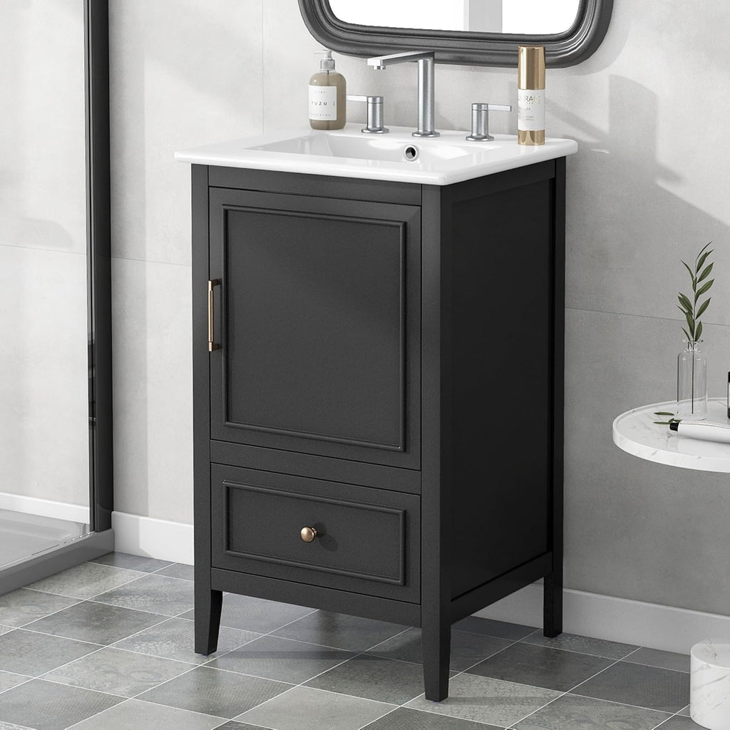 Bellemave 20-inch Bathroom Vanity with Ceramic Sink Combo Set, Solid Wood Frame Bathroom Storage Cabinet with Drawer and Soft Closing Cabinet Door with Storage Rack, Black