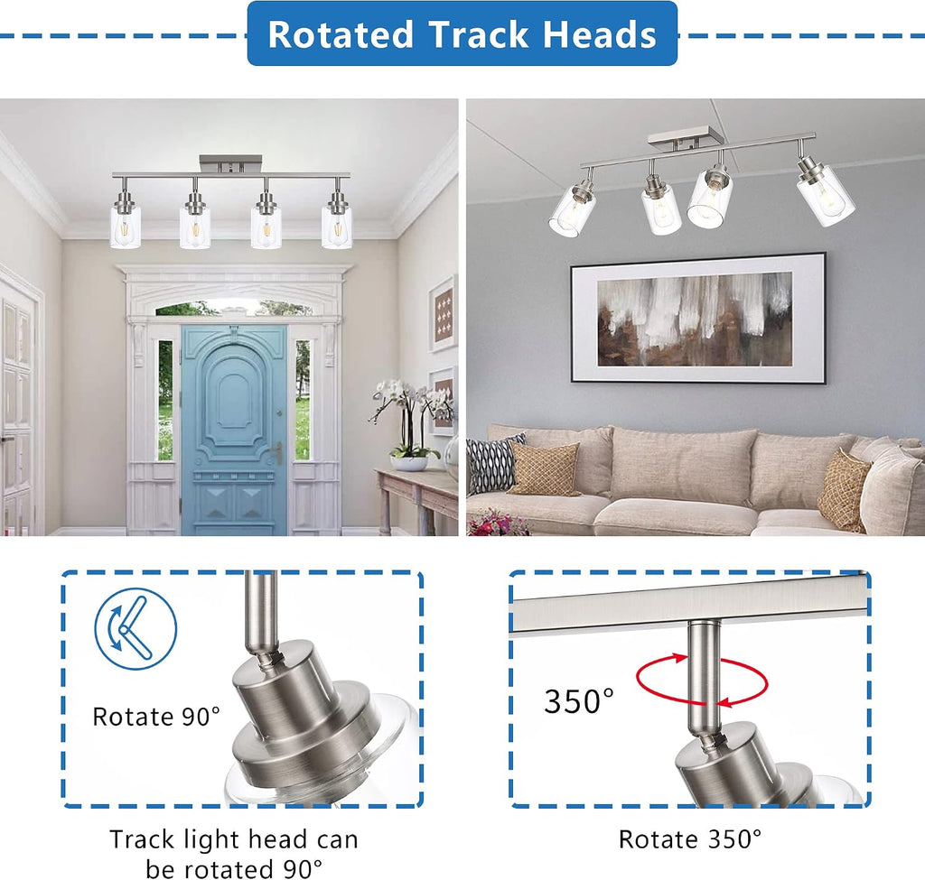 MELUCEE 4 Light Track Lighting Kit 28.7 Inch Bathroom Vanity Light Fixtures Brushed Nickel Ceiling Spotlight Fixture for Hallway Porch Foyer Bath Storage, Clear Glass Shade
