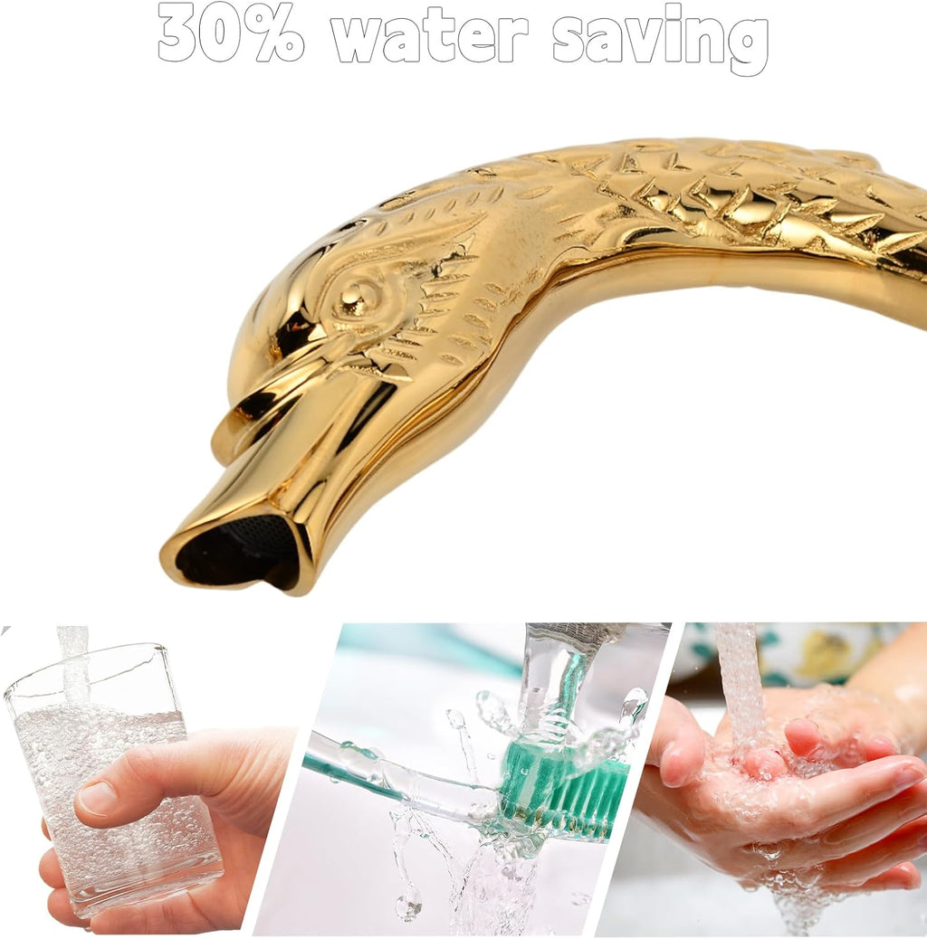 Golden Ornate Swan Style Bathroom Sink Faucet Combo Deck Mount Sink Mixer Tap Set Hot Cold Water