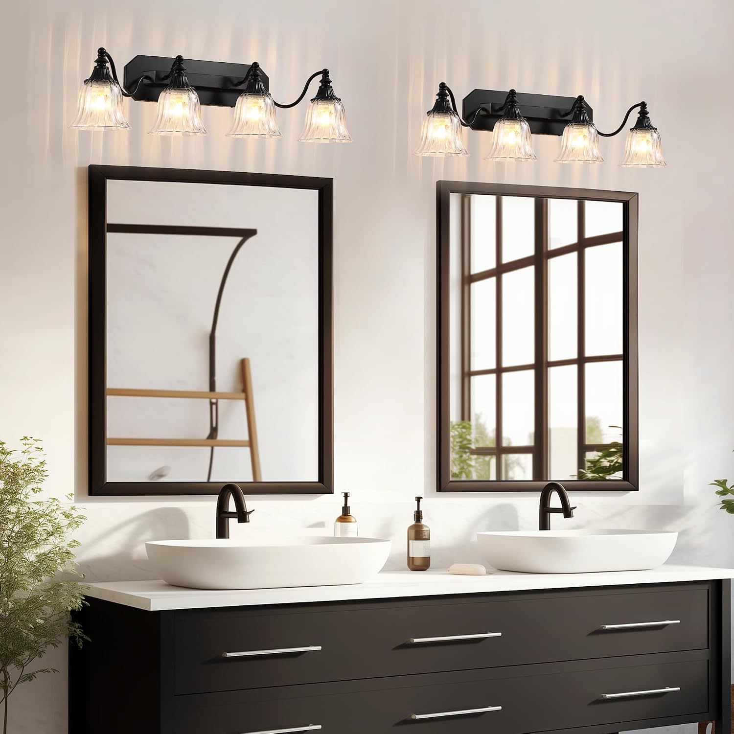 Black Vintage Bathroom Vanity Light Fixture, 4-Light Vanity Light for Bathroom, Antique Matte Black Finish with Crystal Glass Shade, Lighting Fixtures Over Mirror for Bedroom Living Room