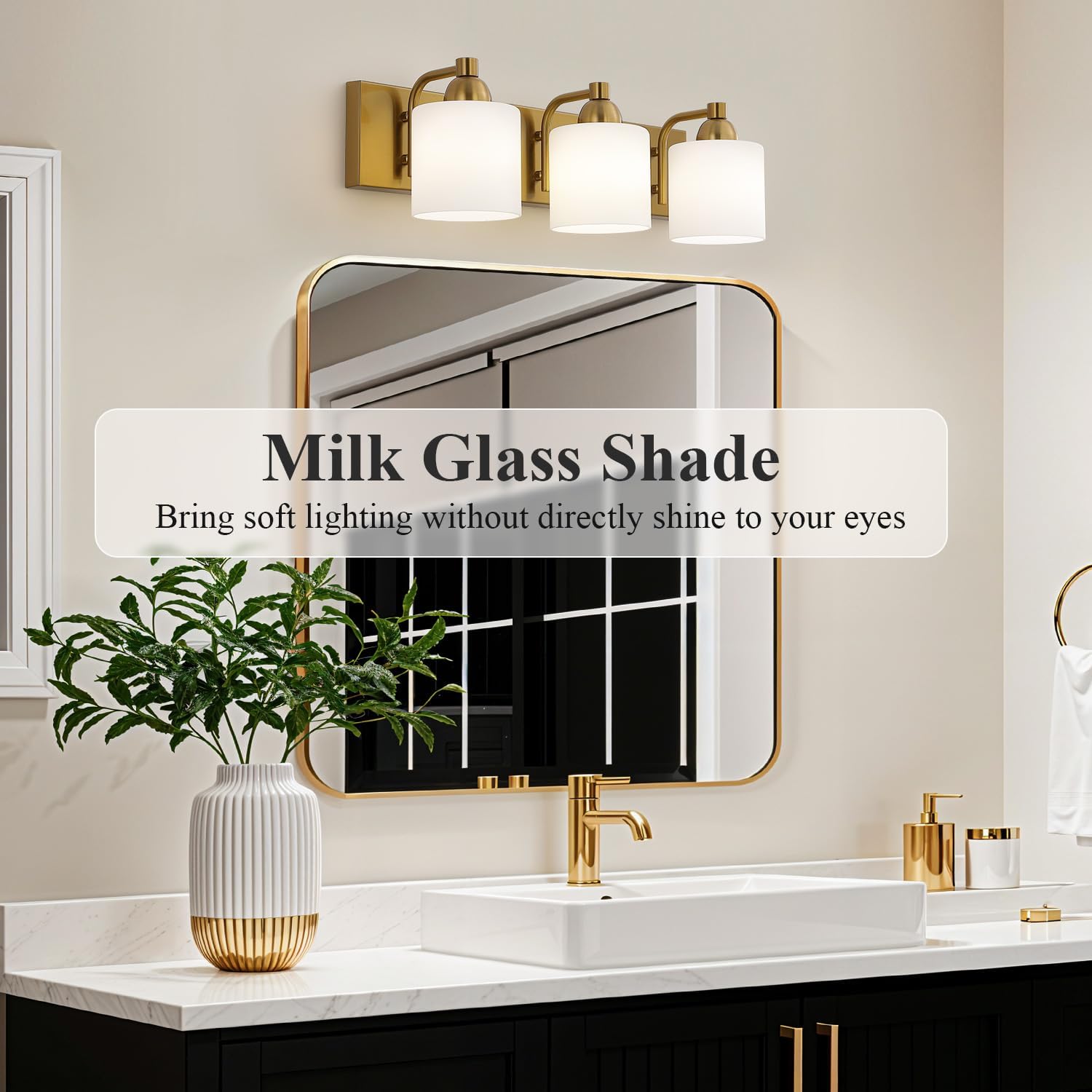 Mecgirn Stainless Steel Milk Glass Vanity Lights for Bathroom, 3 Light Gold Bathroom Light Fixtures Over Mirror, Ceramic E26 Sockets Wall Mounted