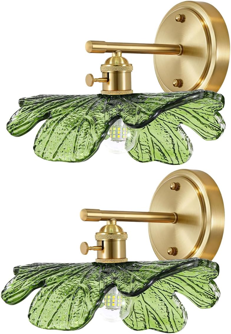 Green Glass Sconce 2 Light Leaf Bathroom Vanity Light Mid Century | Vintage Wall Sconces Set of 2 Gold Wall Lamp, E26 Brass Base, Vanity Light fixtures, Living Room Hallway Entryway