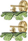 Green Glass Sconce 2 Light Leaf Bathroom Vanity Light Mid Century | Vintage Wall Sconces Set of 2 Gold Wall Lamp, E26 Brass Base, Vanity Light fixtures, Living Room Hallway Entryway