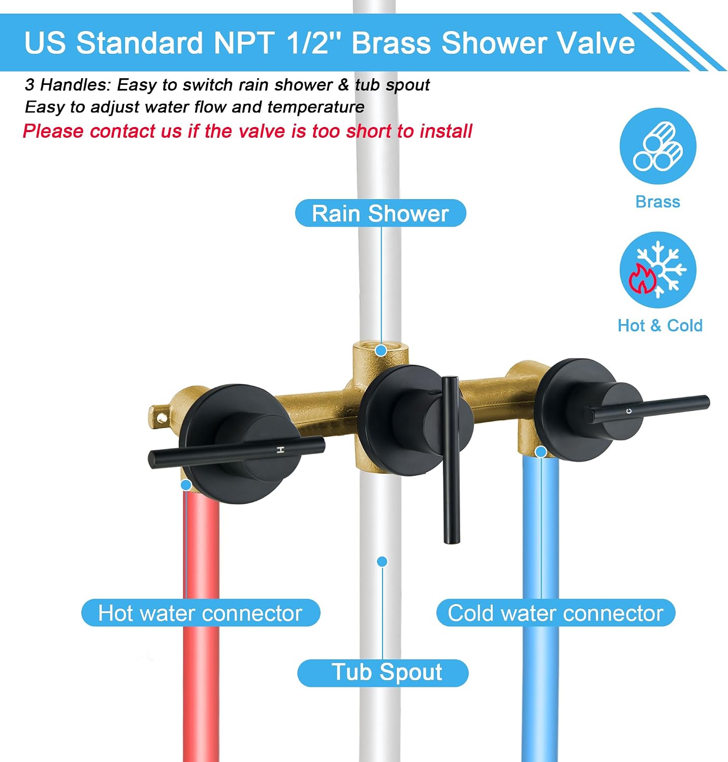 3 Handle Tub Shower Faucet Matte Black Bathtub Shower Faucet Set with Tub Spout, 3 Knob Shower Tub Faucet Set, Wall Mount