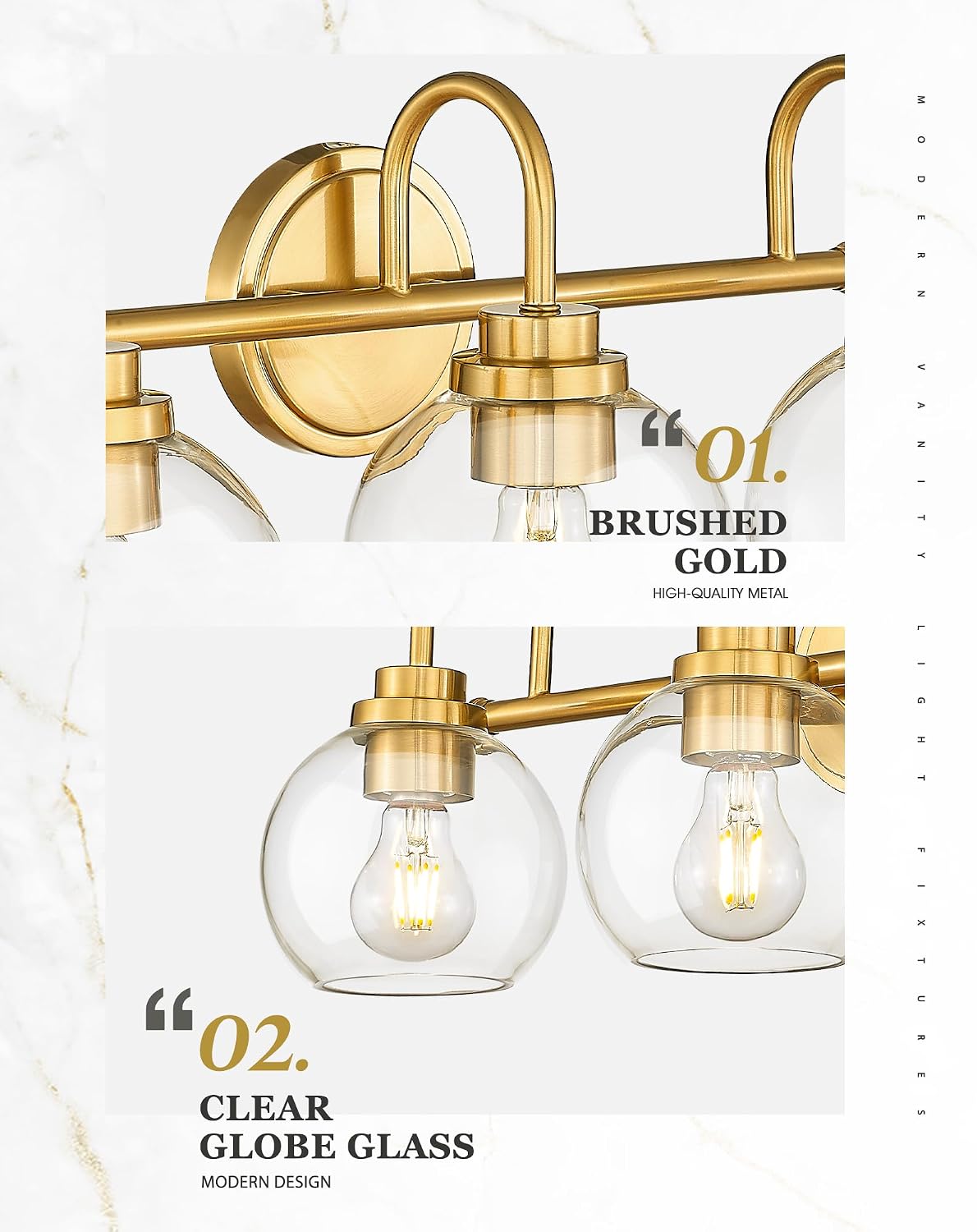 Bathroom Light Fixtures, 4-Light Brushed Gold Vanity Lights with Globe Clear Glass, 30 Inch Champagne Bronze Vanity Lighting Fixtures Over Mirror, AD-22280-4W-GD